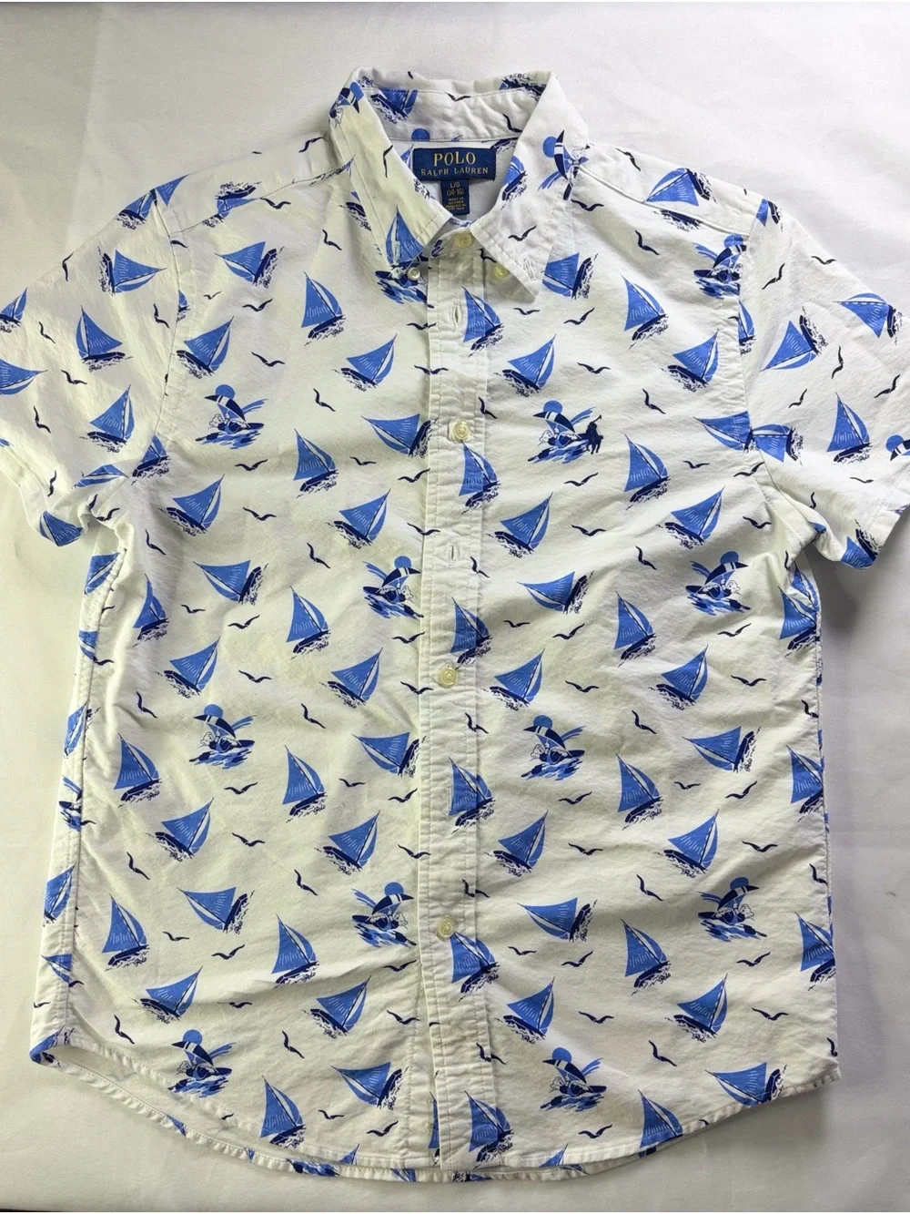 Polo Ralph Lauren Boys Sailboat Shirt L 14-16 Nautical Cotton Button Up